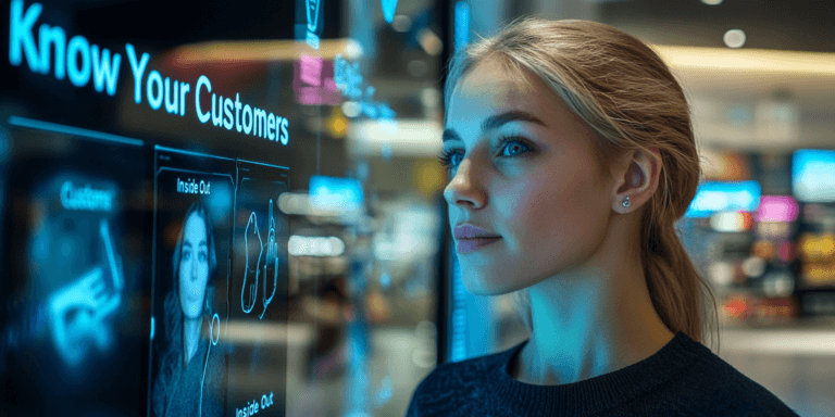 A young woman looking at customer data analysis on a screen