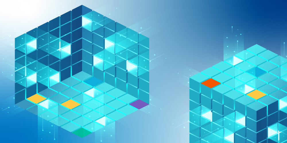 A 3D illustration of two glowing cubes floating on a blue background.