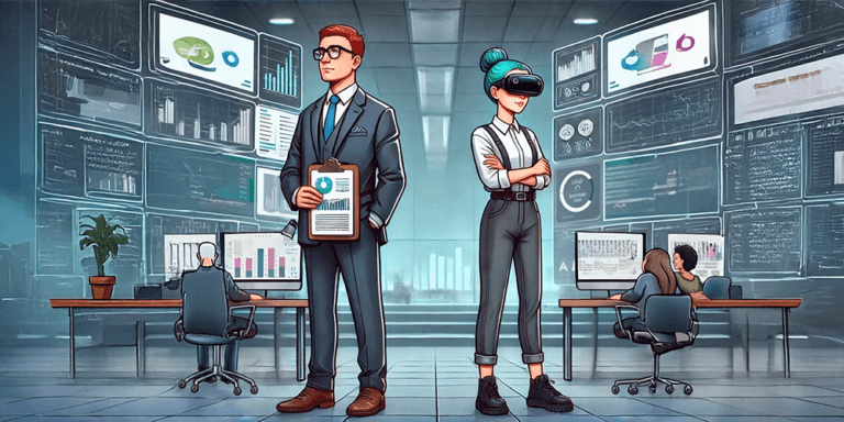 An illustration of an old-school data pro and a forward-looking data leader standing side by side in an office