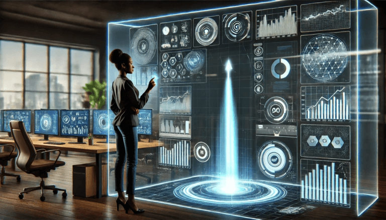 An illustration of a data analyst working on a futuristic holographic dashboard in an office